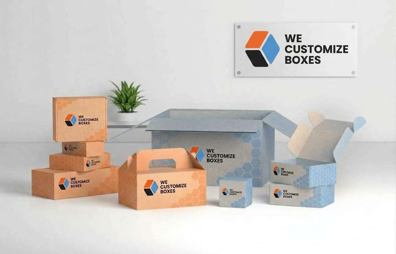 A display of custom printed boxes and paper bags in different colours and sizes