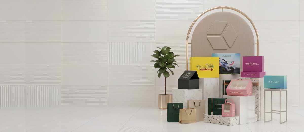 Assorted custom printed packaging boxes, retail cartons and gift bags by We Customize Boxes